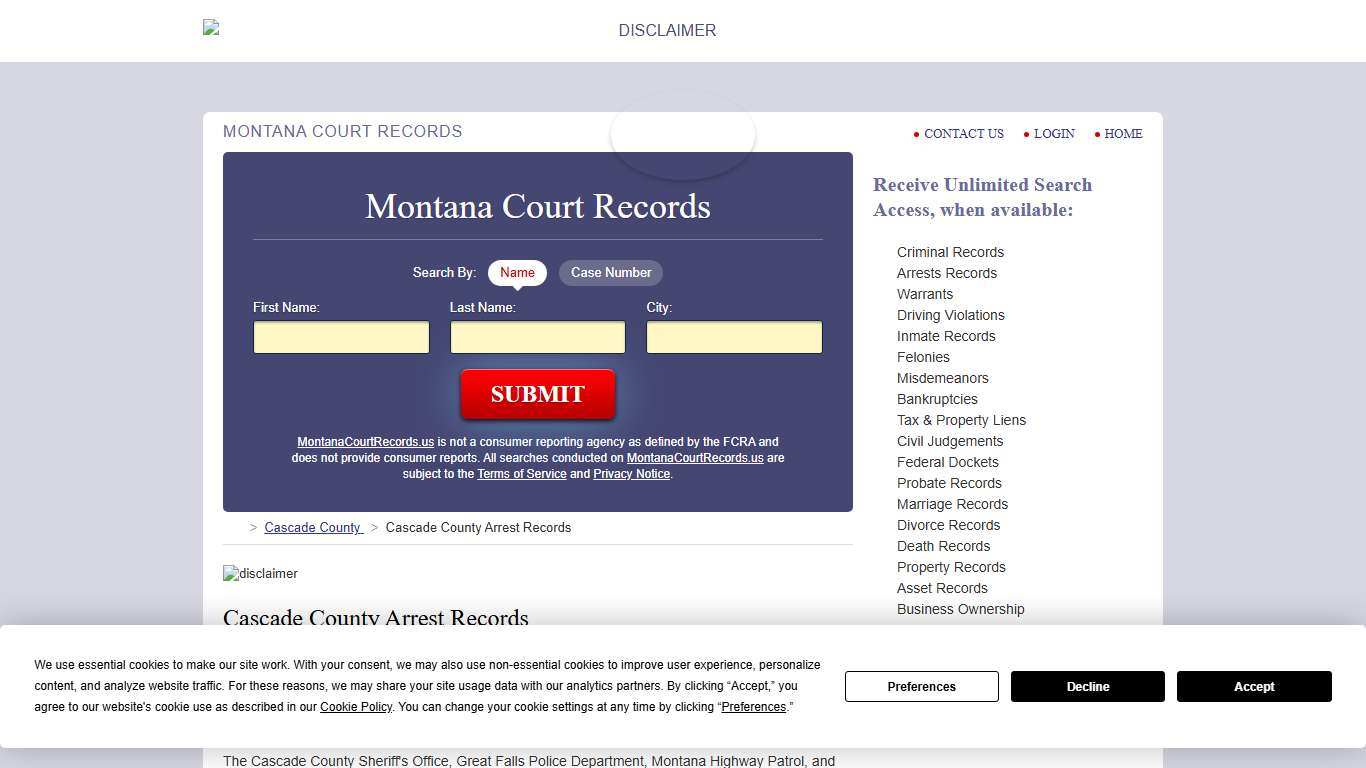Cascade County Arrest Records MontanaCourtRecords.us